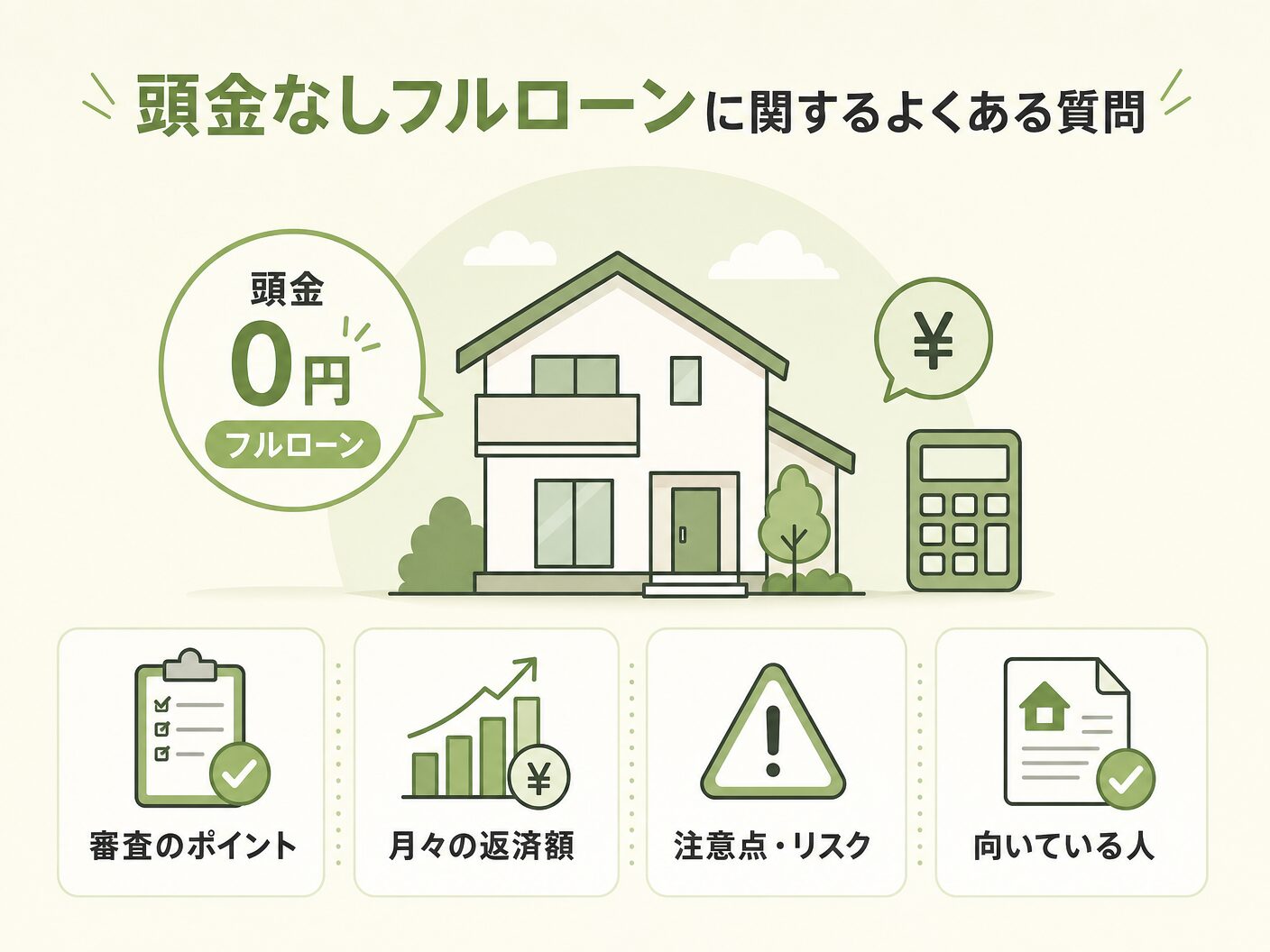 注文住宅の頭金なしフルローンに関するよくある質問を表す図解イラスト