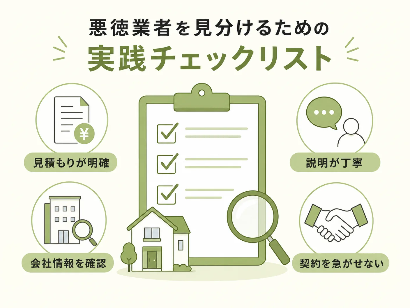 解体屋がガラ悪いと思われる理由の悪徳業者を見分けるための実践チェックリストを表す図解イラスト