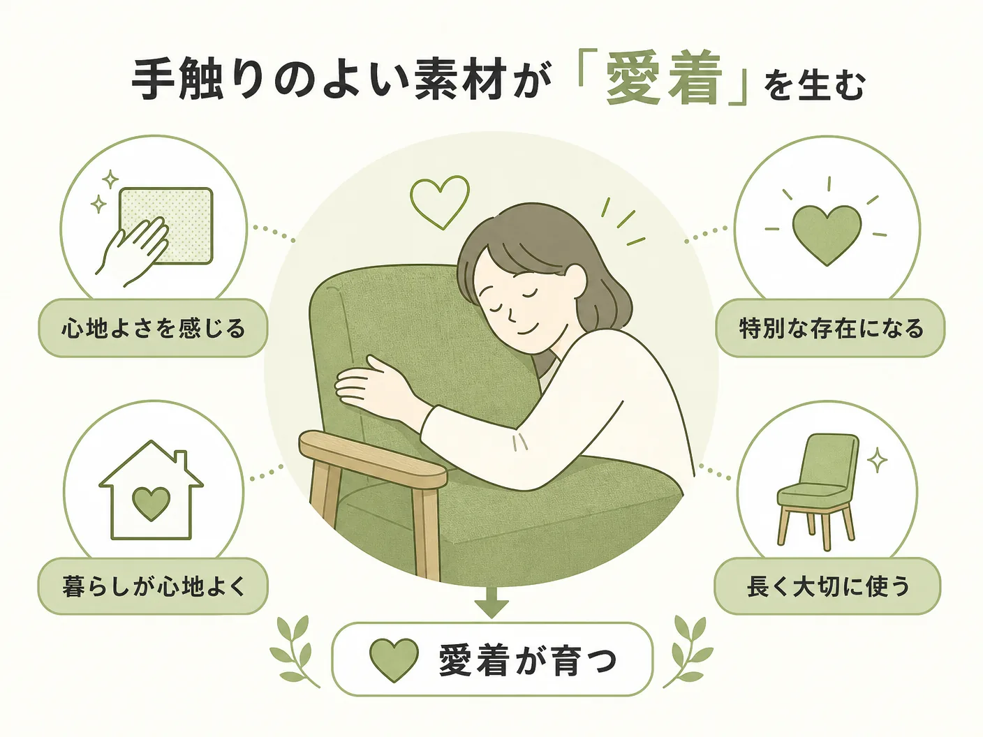 耐久性 注文住宅 素材選びの手触りのよい素材が「愛着」を生むを表す図解イラスト