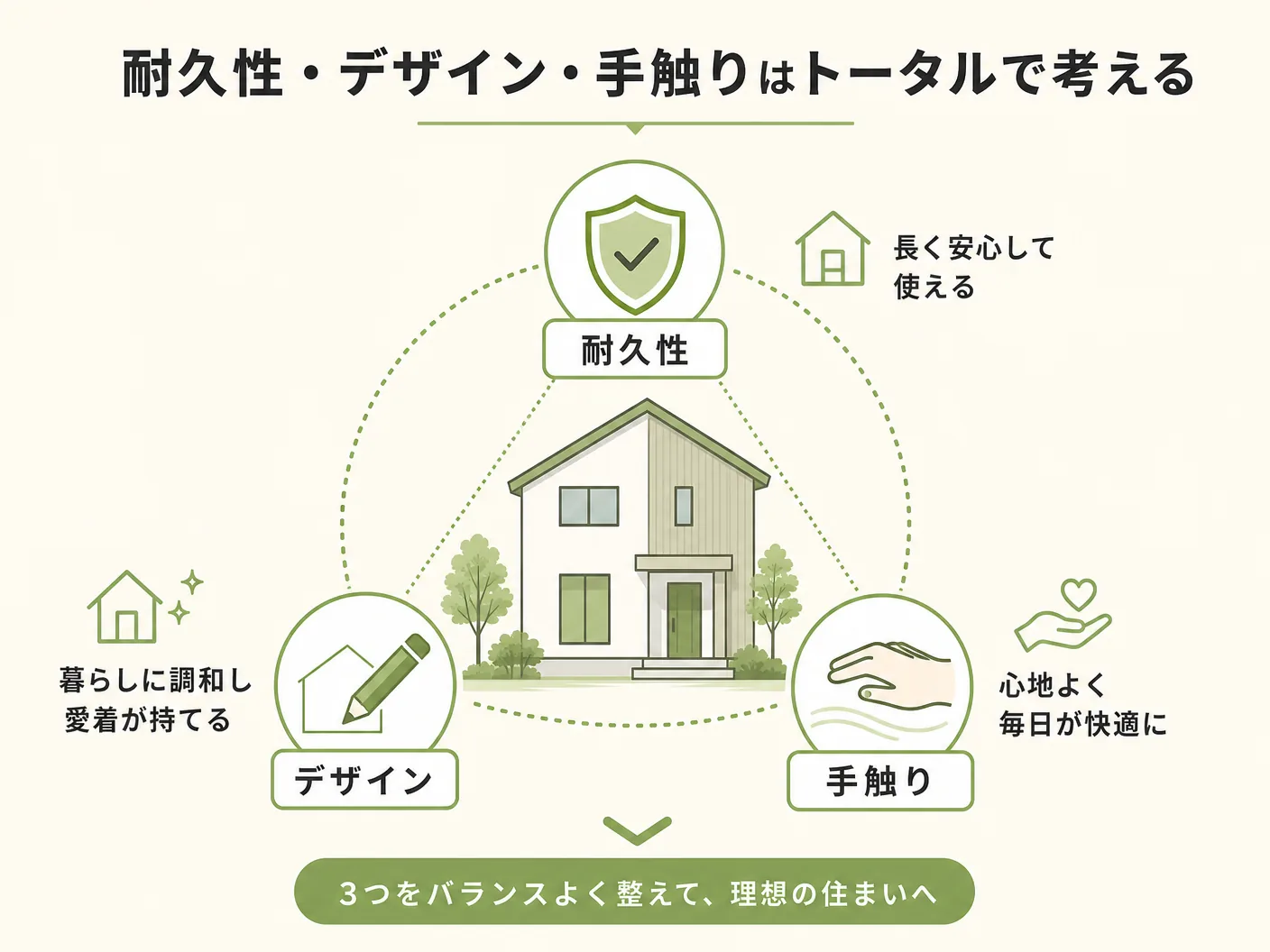 注文住宅 素材選びの耐久性・デザイン・手触りはトータルで考えるを表す図解イラスト