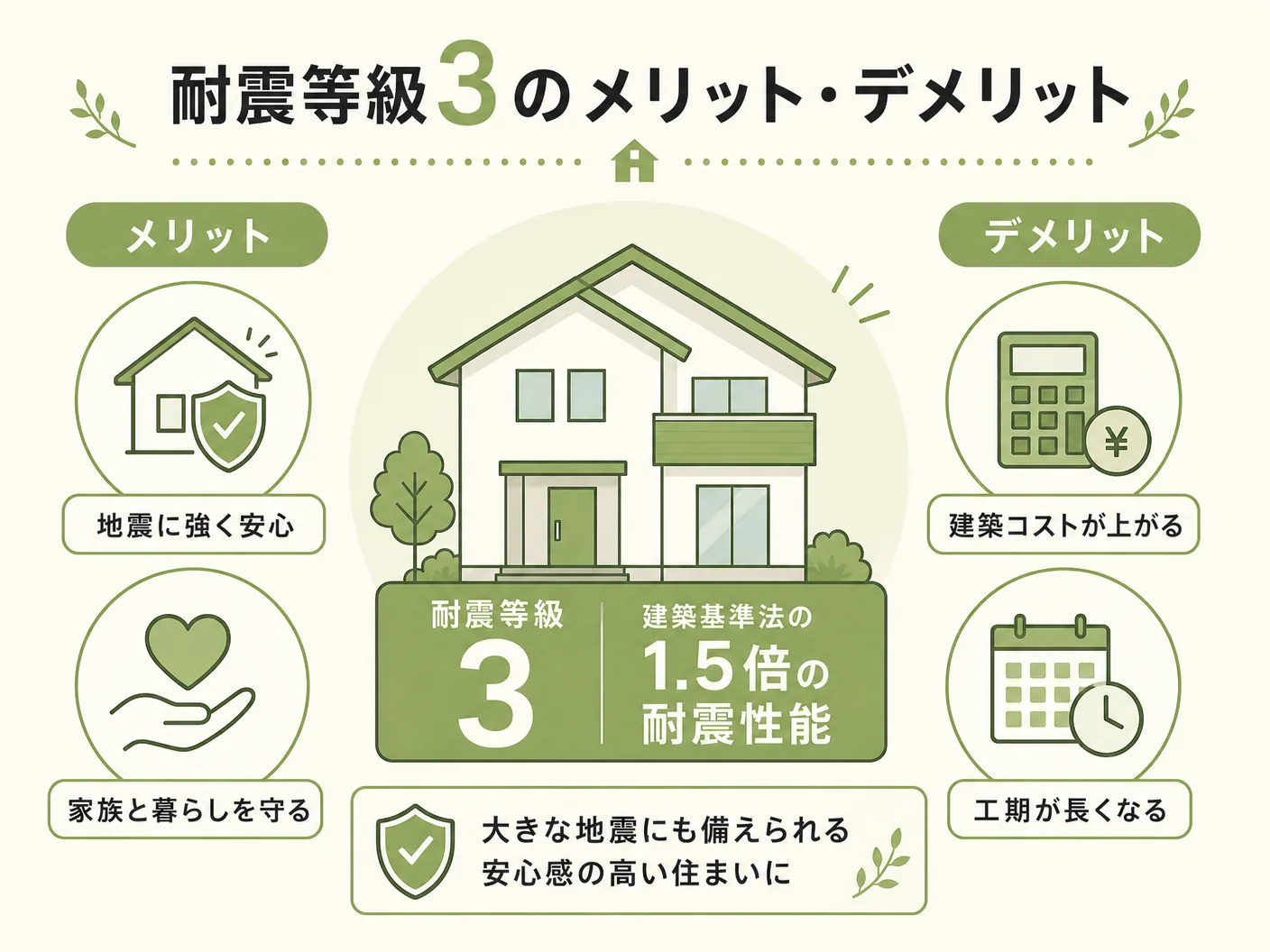 耐震等級3のメリット・デメリットを表す図解イラスト