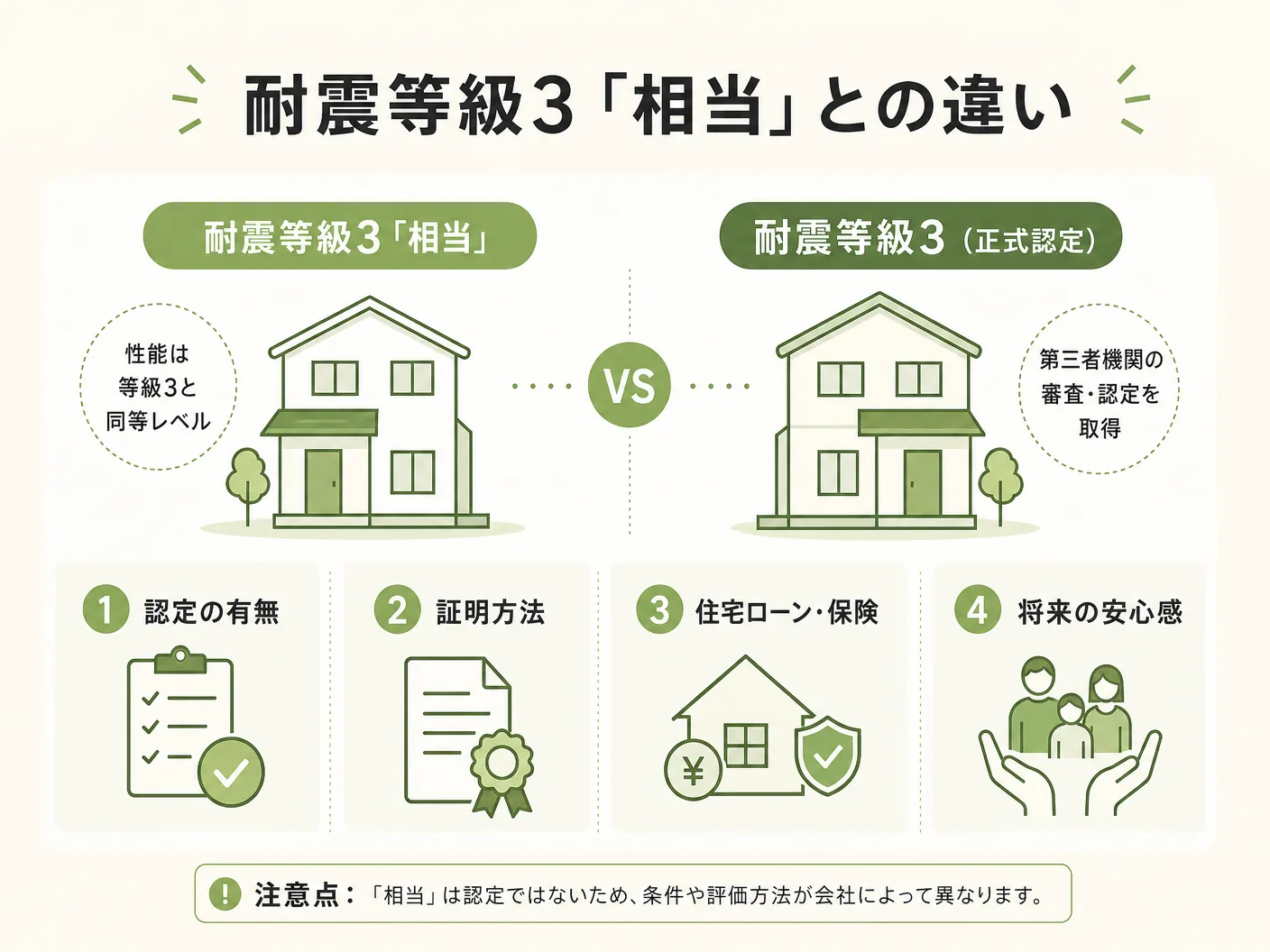 耐震等級3「相当」との違いと注意点を表す図解イラスト