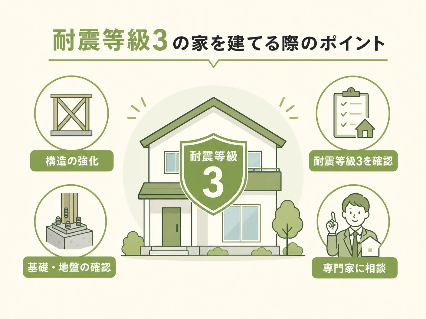 耐震等級3の家を建てる際のポイントを表す図解イラスト
