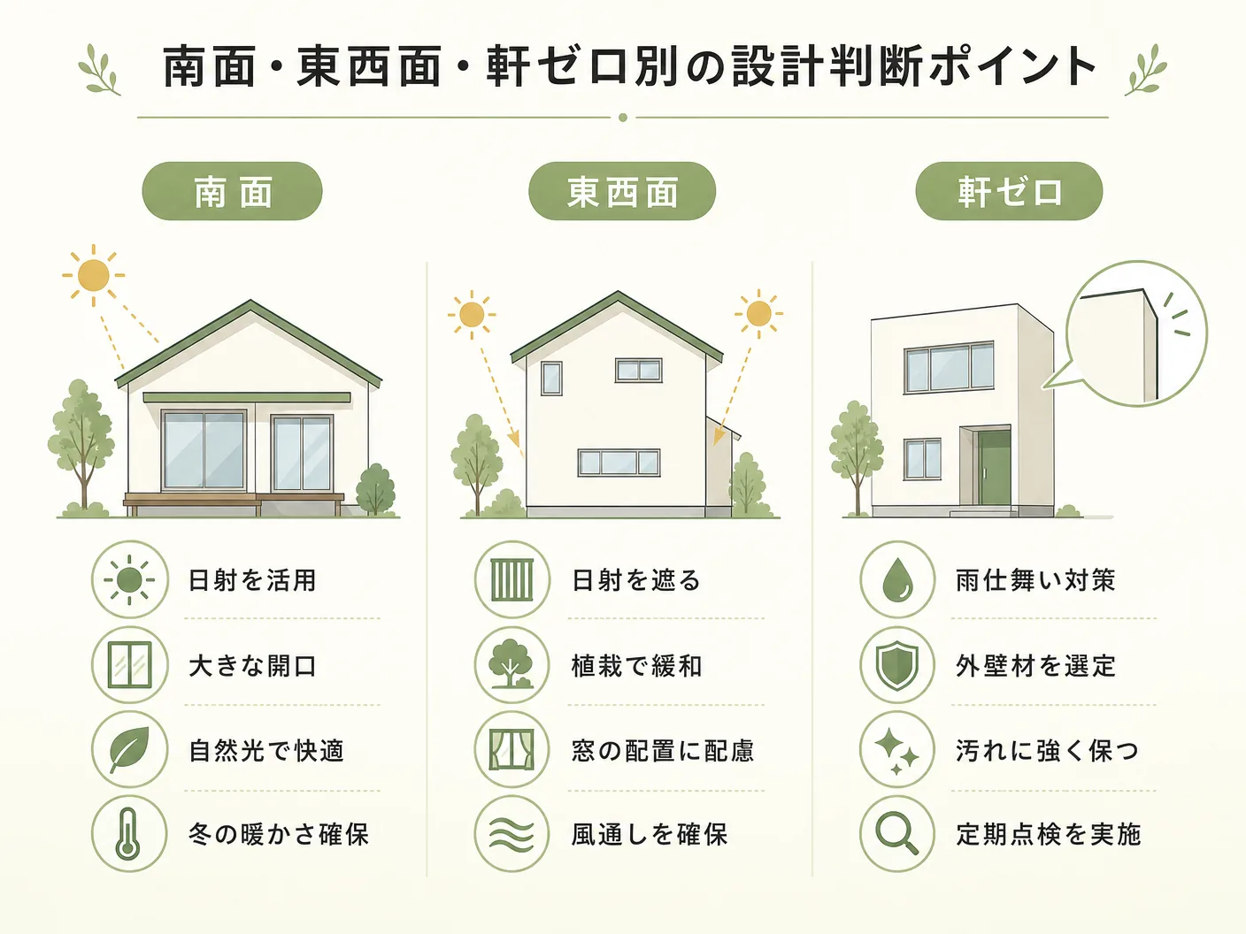 軒の深さ 南向き窓の南面・東西面・軒ゼロ別の設計判断ポイントを表す図解イラスト