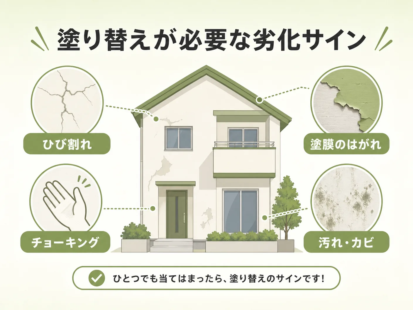 外壁塗装 何年目の塗り替えが必要な劣化サインチェックリストを表す図解イラスト