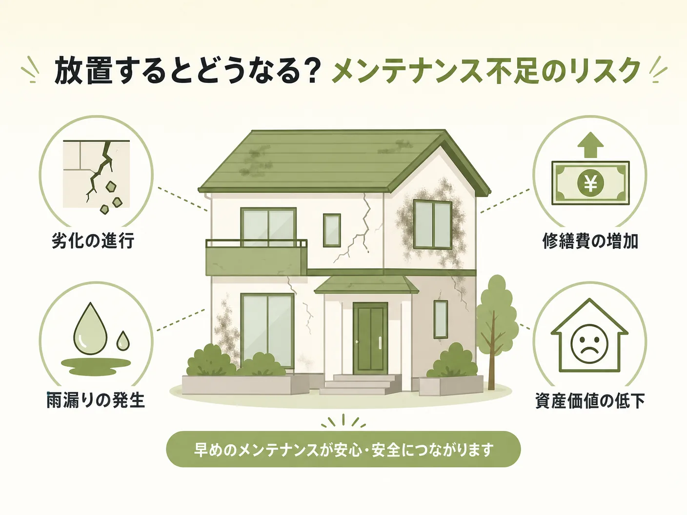 外壁塗装 何年目の放置するとどうなる？メンテナンス不足のリスクを表す図解イラスト