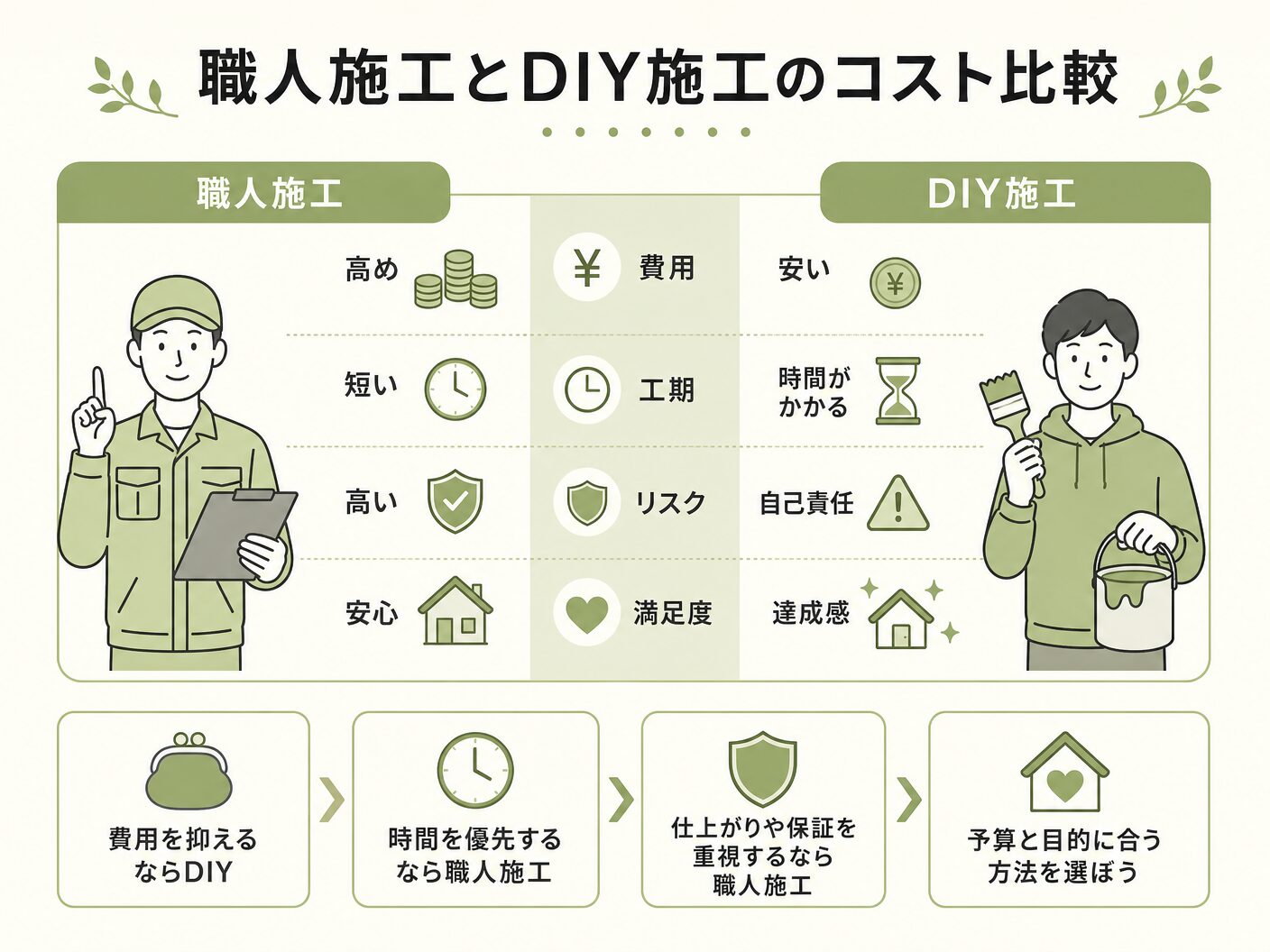 フェザーフィール 施工単価の職人施工とDIY施工のコスト比較を表す図解イラスト