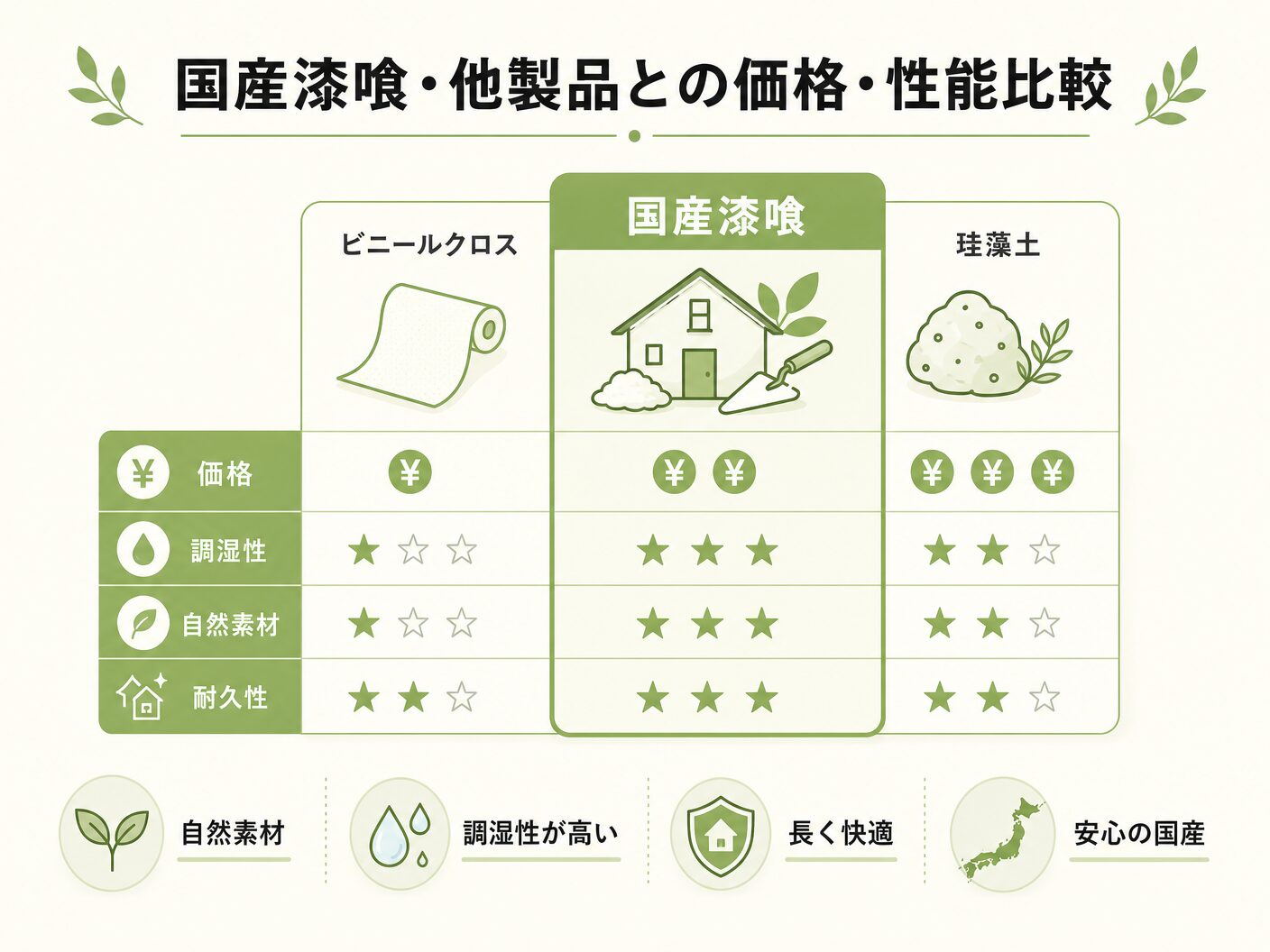 フェザーフィール 施工単価の国産漆喰・他製品との価格・性能比較を表す図解イラスト