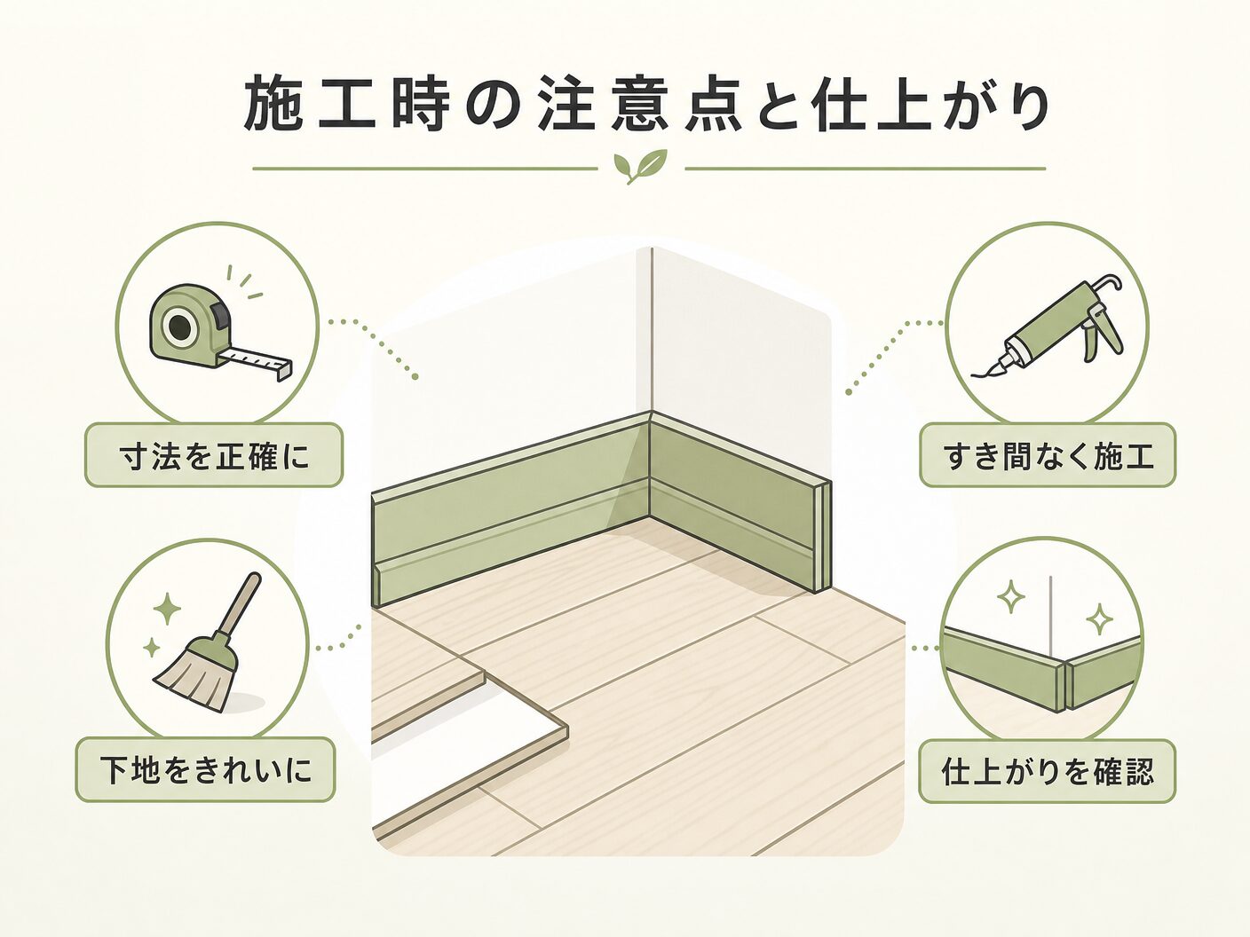 フェザーフィール 施工単価の施工時の注意点と仕上がりのポイントを表す図解イラスト