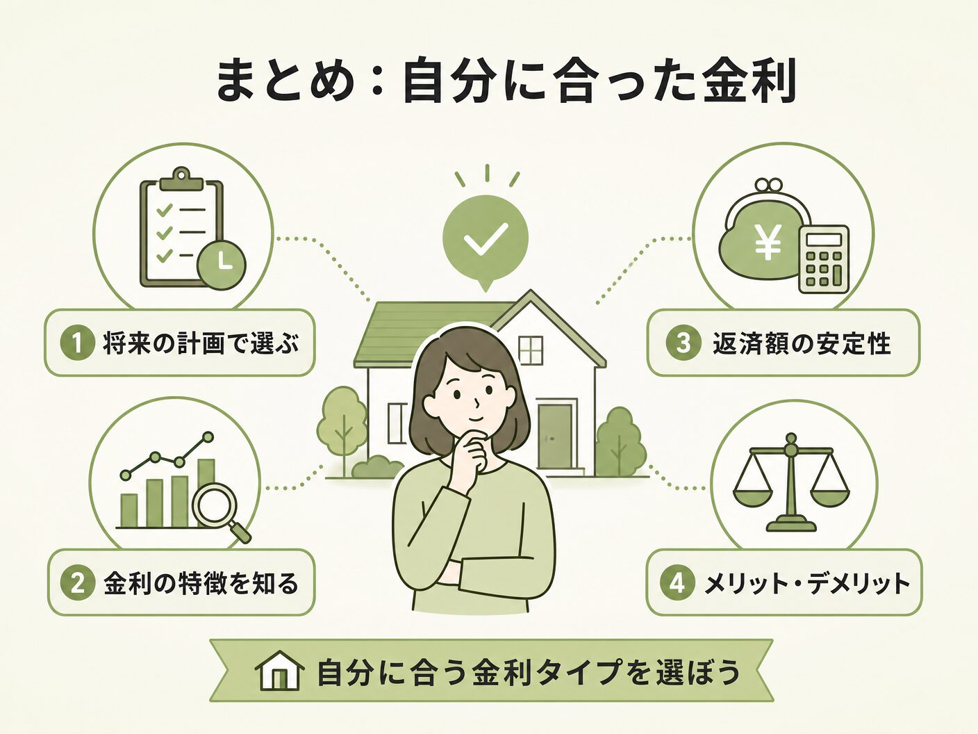 固定金利 変動金利 シミュレーションのまとめ:自分に合った金利タイプの選び方を表す図解イラスト