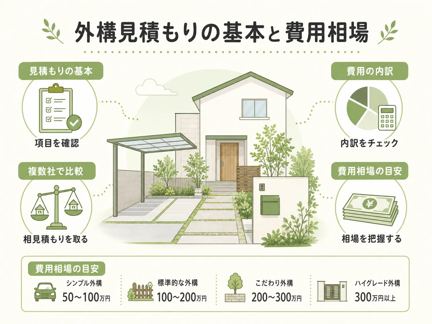 外構見積もりの基本と費用相場を表す図解イラスト