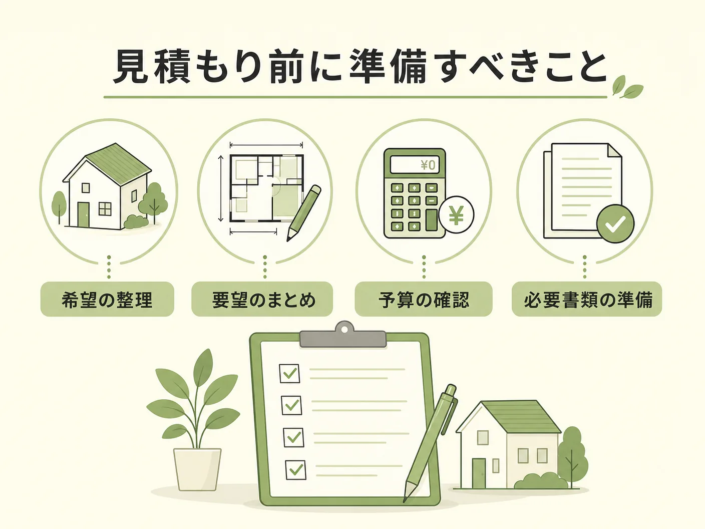 外構見積もりの見積もり前に準備すべきことを表す図解イラスト