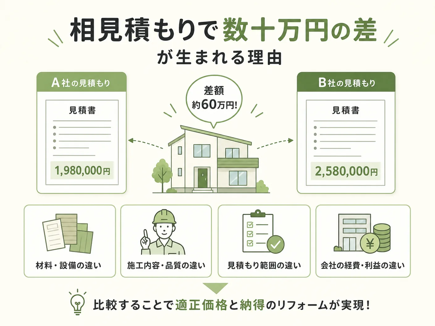 外構見積もりの相見積もりで数十万円の差が生まれる理由を表す図解イラスト