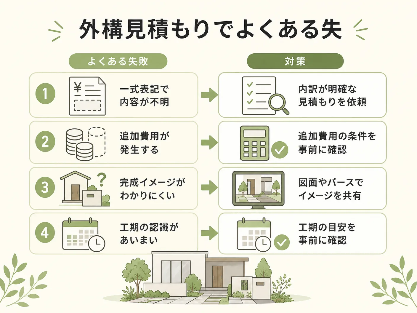 外構見積もりでよくある失敗パターンと対策を表す図解イラスト