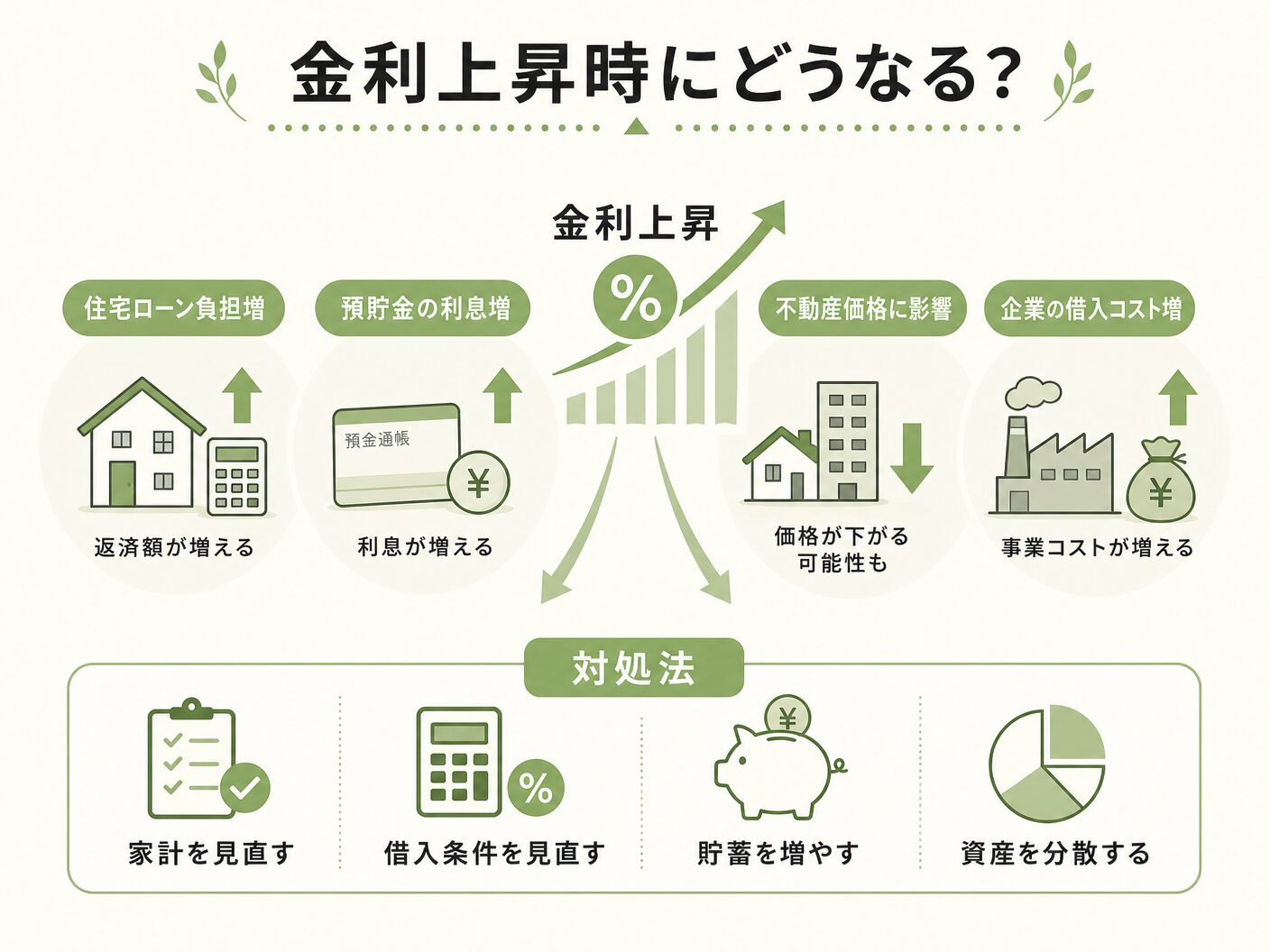 元利均等返済 元金均等返済 どっちの金利上昇時にどうなる?それぞれへの影響と対処法を表す図解イラスト