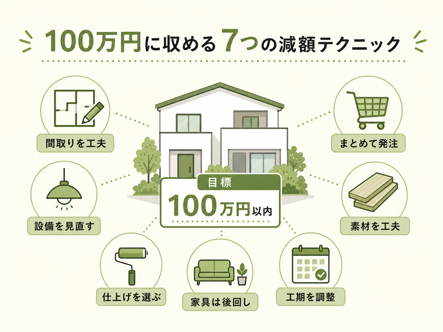 庭 外構の100万円に収める7つの減額テクニックを表す図解イラスト