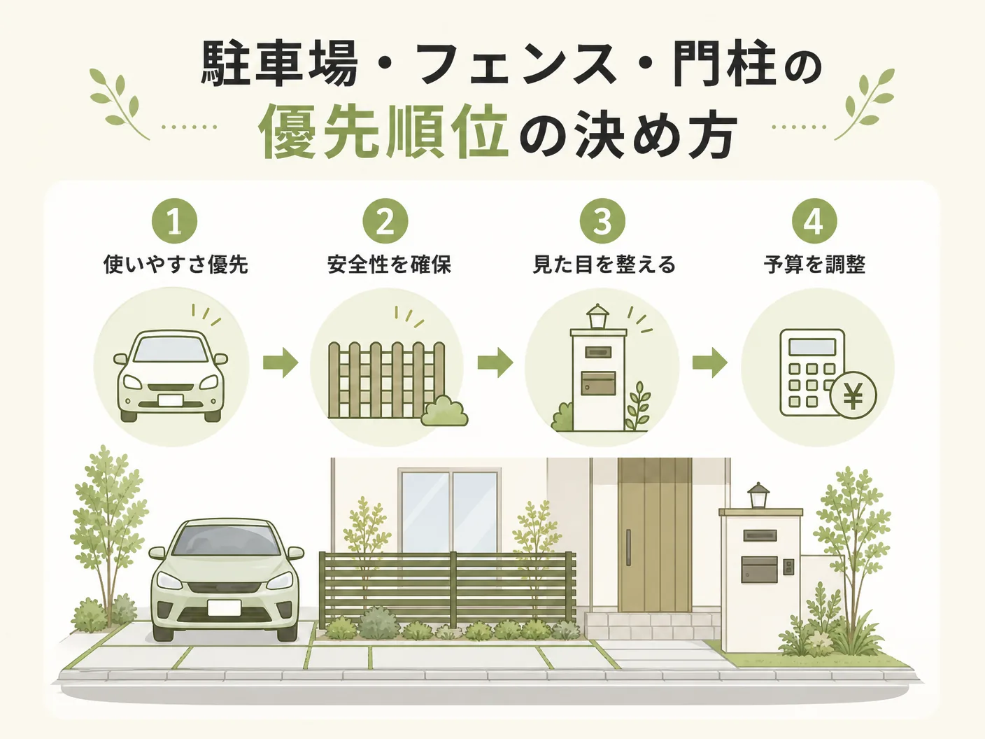 庭 外構 100万円の駐車場・フェンス・門柱の優先順位の決め方を表す図解イラスト