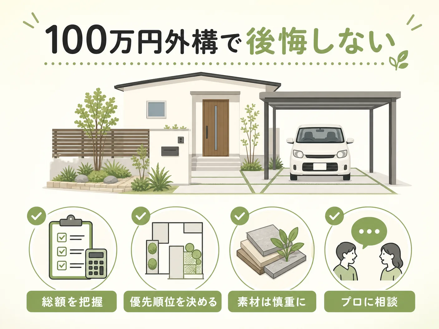 庭の100万円外構で後悔しないための注意点を表す図解イラスト