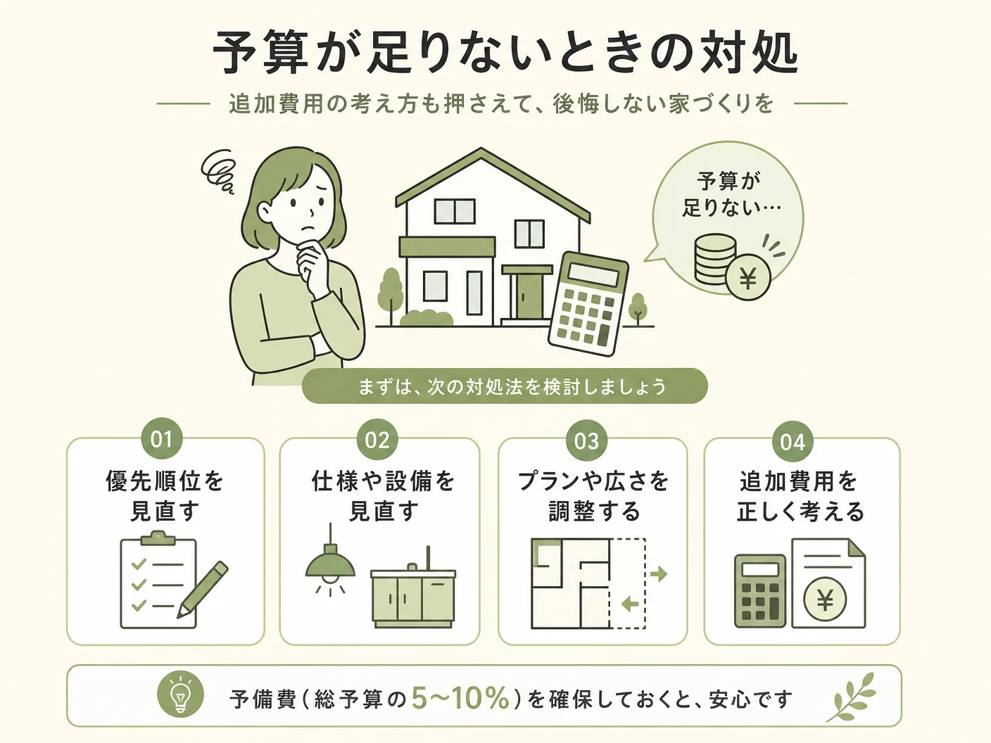 庭 外構 100万円の予算が足りないときの対処法と追加費用の考え方を表す図解イラスト