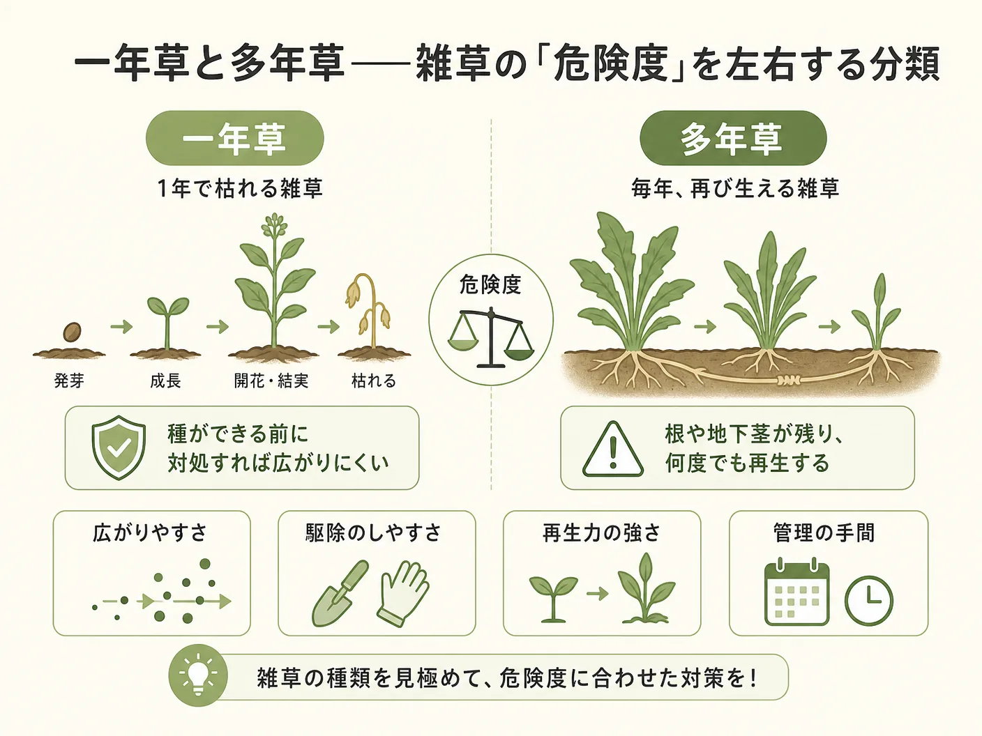 庭 見分け方 対処の一年草と多年草——雑草の「危険度」を左右する分類を表す図解イラスト