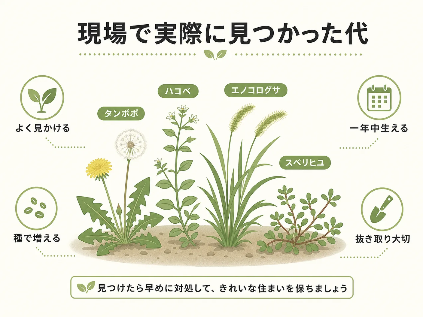 庭 見分け方 対処の現場で実際に見つかった代表的な雑草を表す図解イラスト