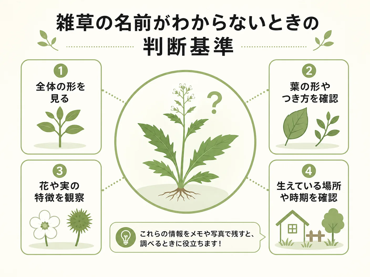 庭 見分け方 対処の雑草の名前がわからないときの判断基準を表す図解イラスト