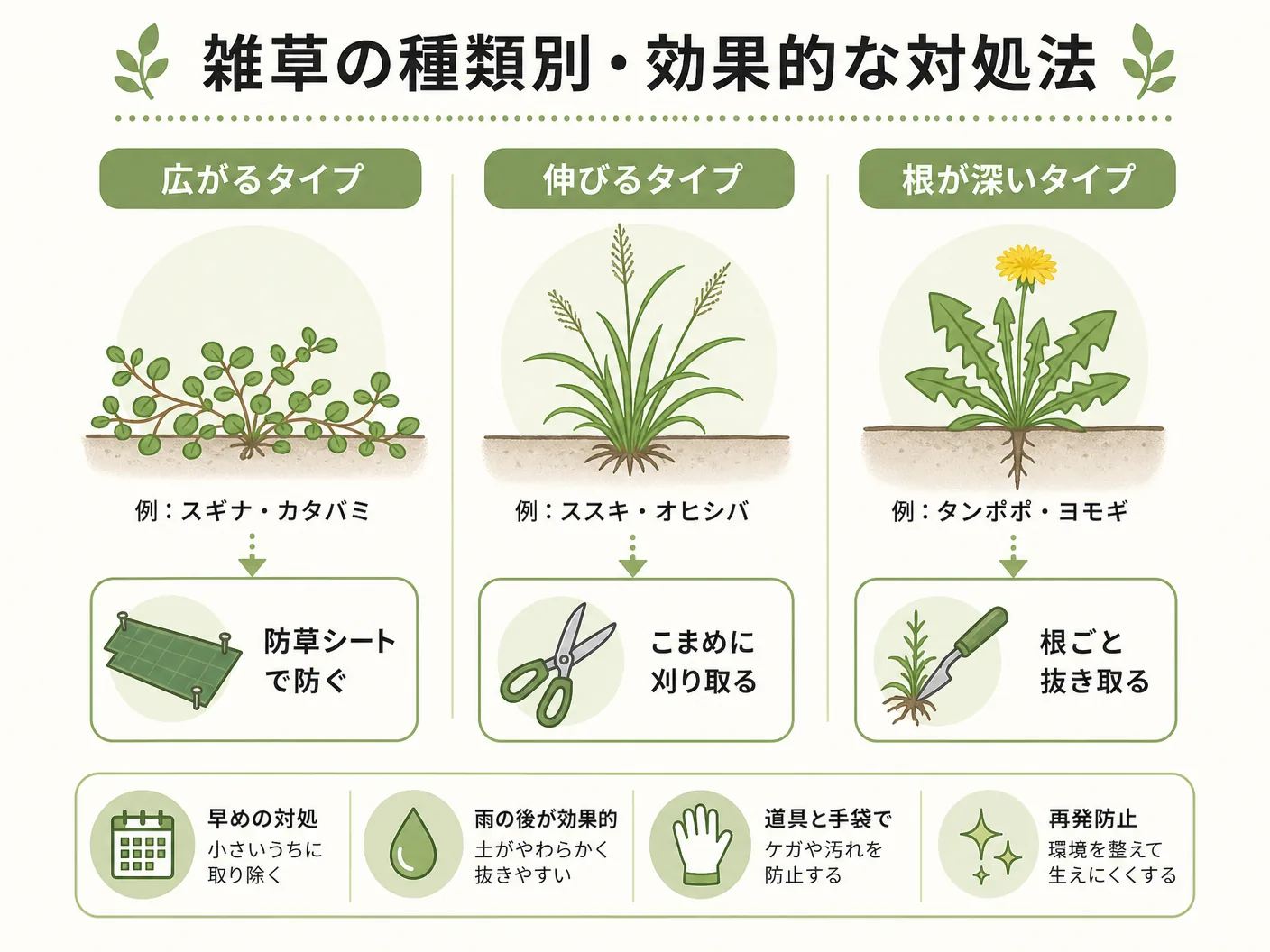 庭 見分け方の雑草の種類別・効果的な対処法を表す図解イラスト