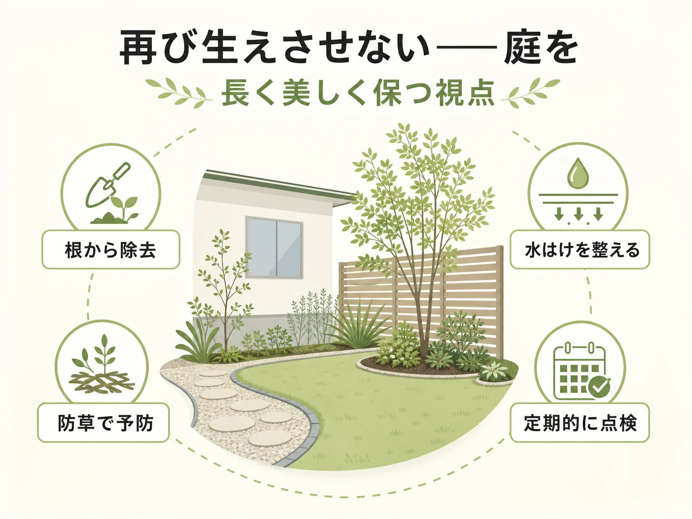 雑草 見分け方 対処の再び生えさせない——庭を長く美しく保つ視点を表す図解イラスト