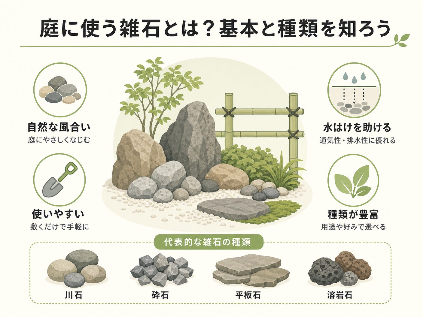 庭に使う雑石とは？基本と種類を知ろうを表す図解イラスト