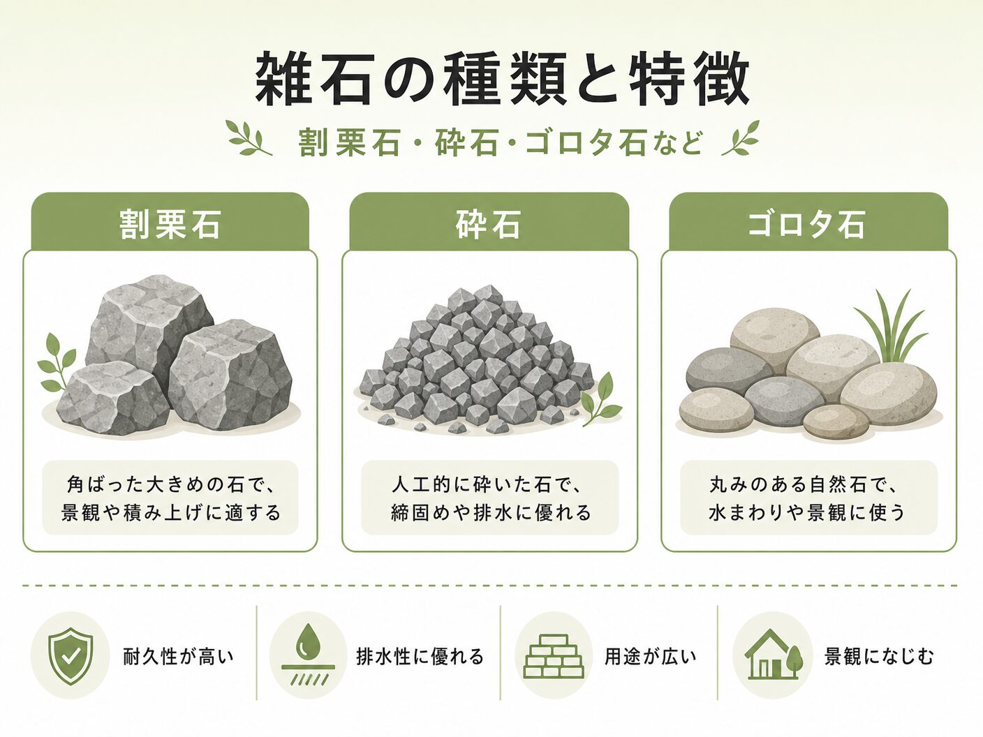 庭に使う雑石とはの雑石の種類と特徴（割栗石・砕石・ゴロタ石など）を表す図解イラスト