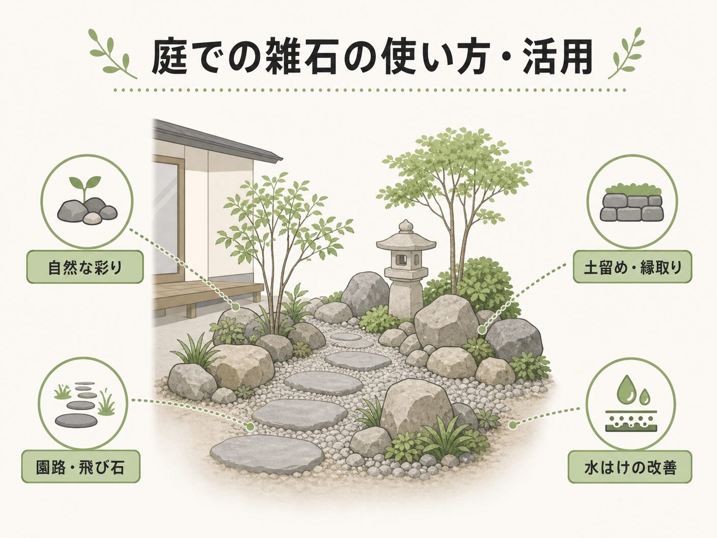 庭に使う雑石とはの庭での雑石の使い方・活用シーンを表す図解イラスト