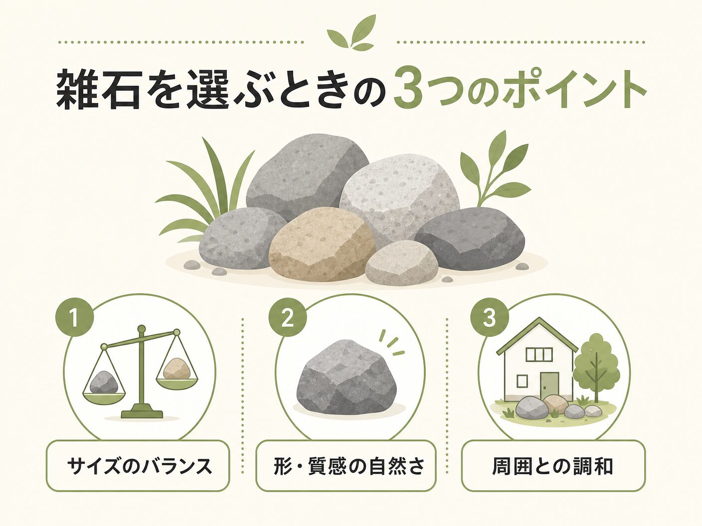 庭に使う雑石とはの雑石を選ぶときの3つのポイントを表す図解イラスト