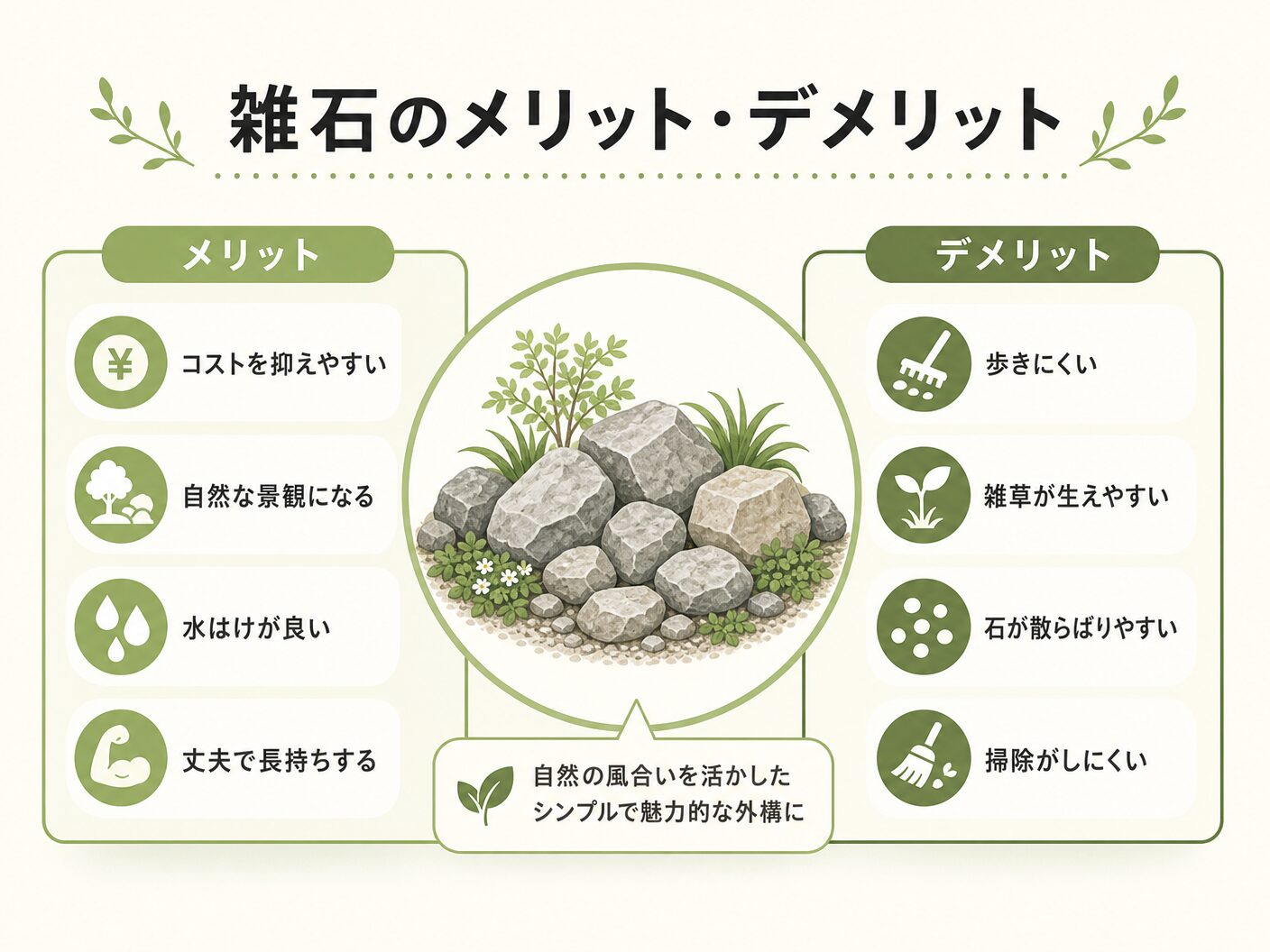 庭に使う雑石とはの雑石のメリット・デメリットを表す図解イラスト