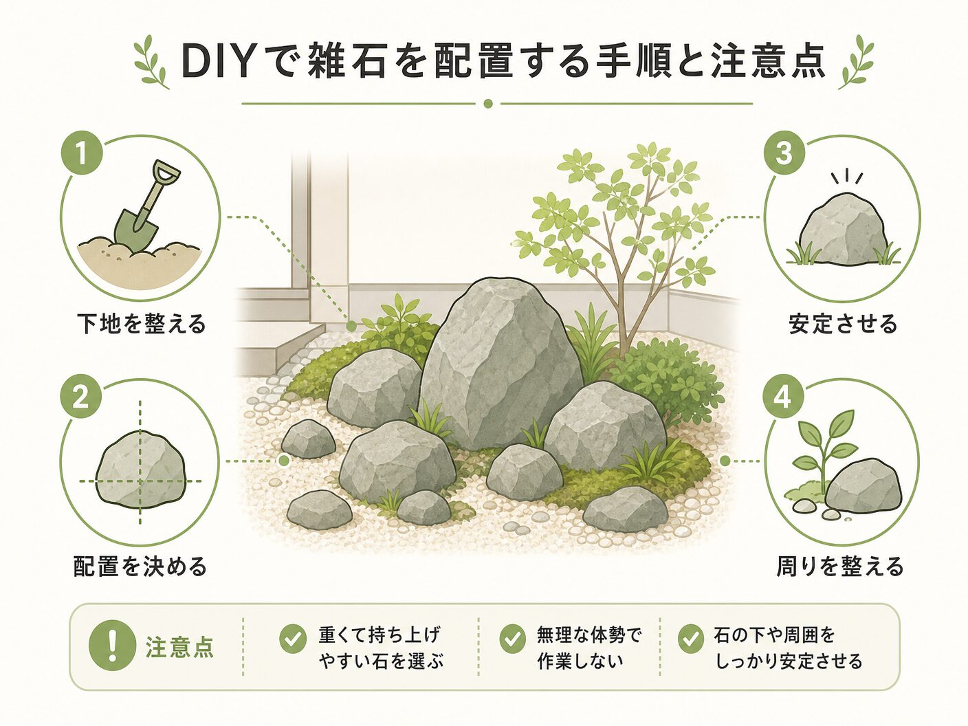 庭に使う雑石とはのDIYで雑石を配置する手順と注意点を表す図解イラスト