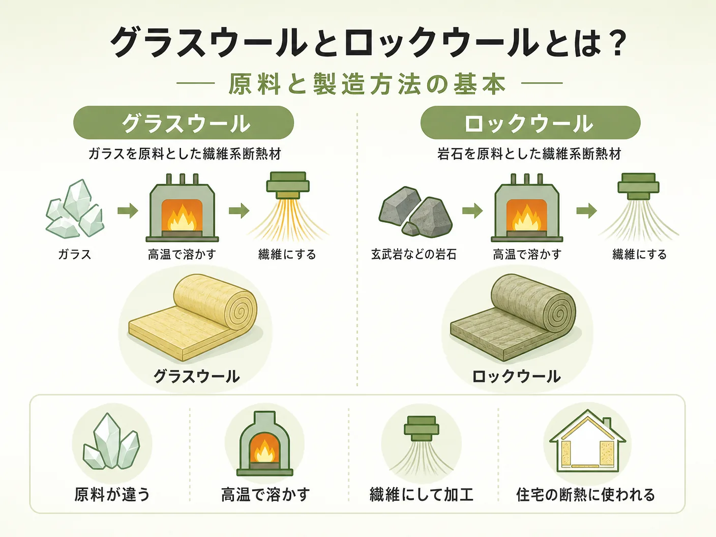 違いのグラスウールとロックウールとは？原料と製造方法の基本を表す図解イラスト