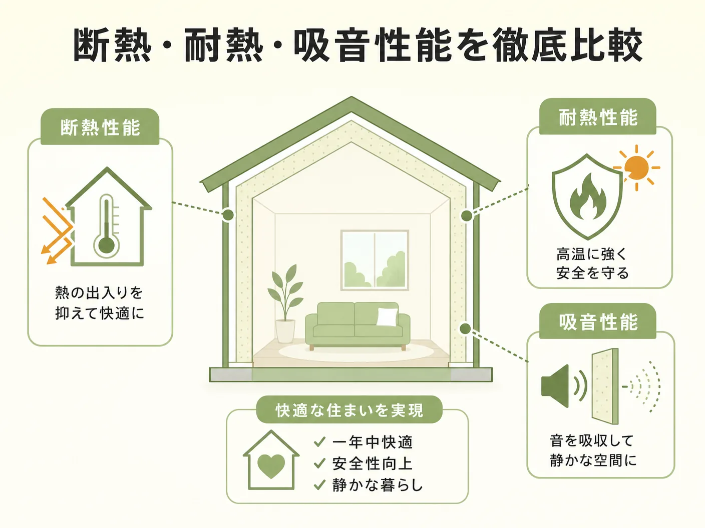 グラスウール ロックウール 違いの断熱・耐熱・吸音性能を徹底比較を表す図解イラスト