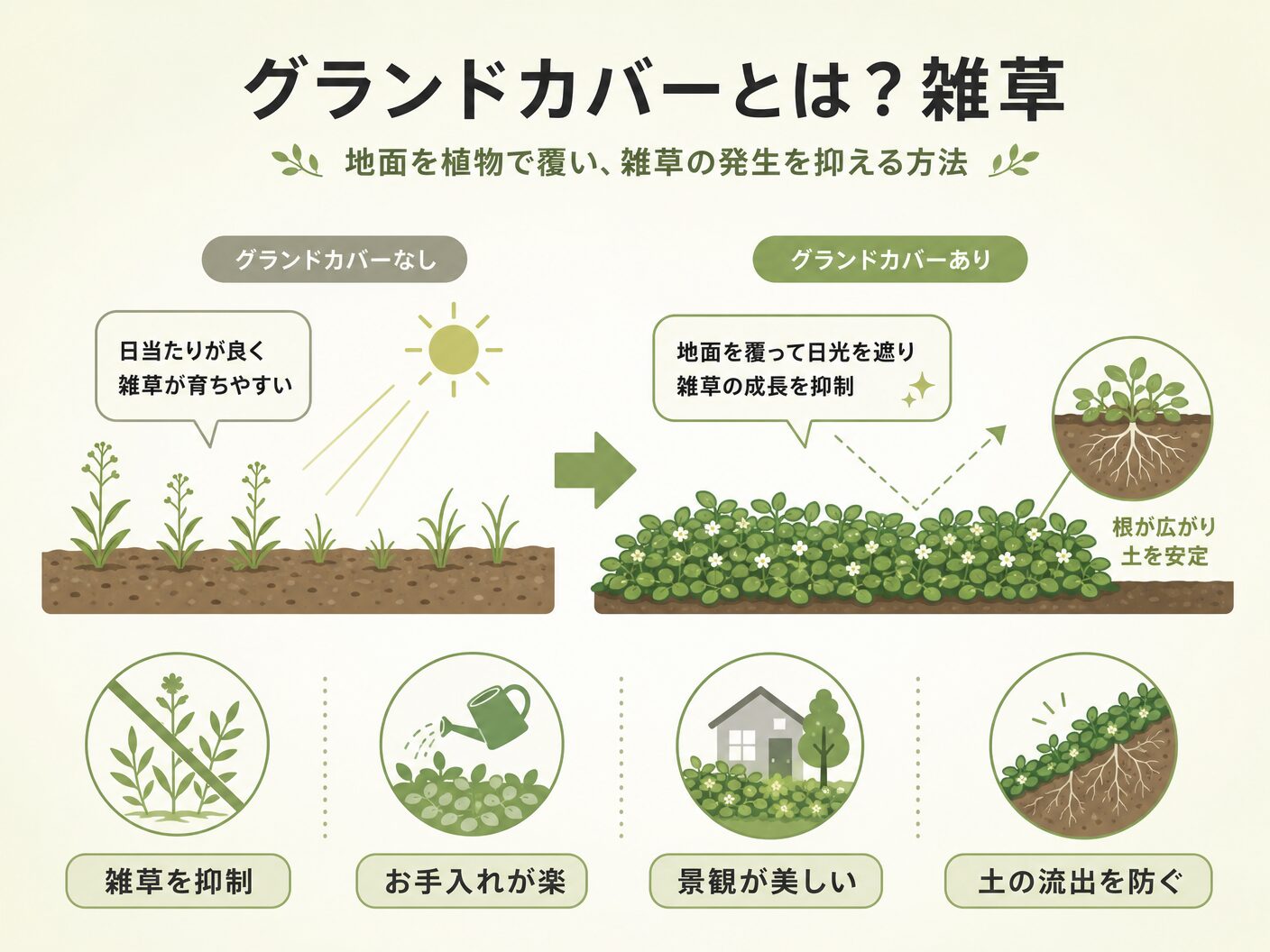 グランドカバーおすすめ雑草対策のグランドカバーとは?雑草対策になる仕組みとメリットを表す図解イラスト