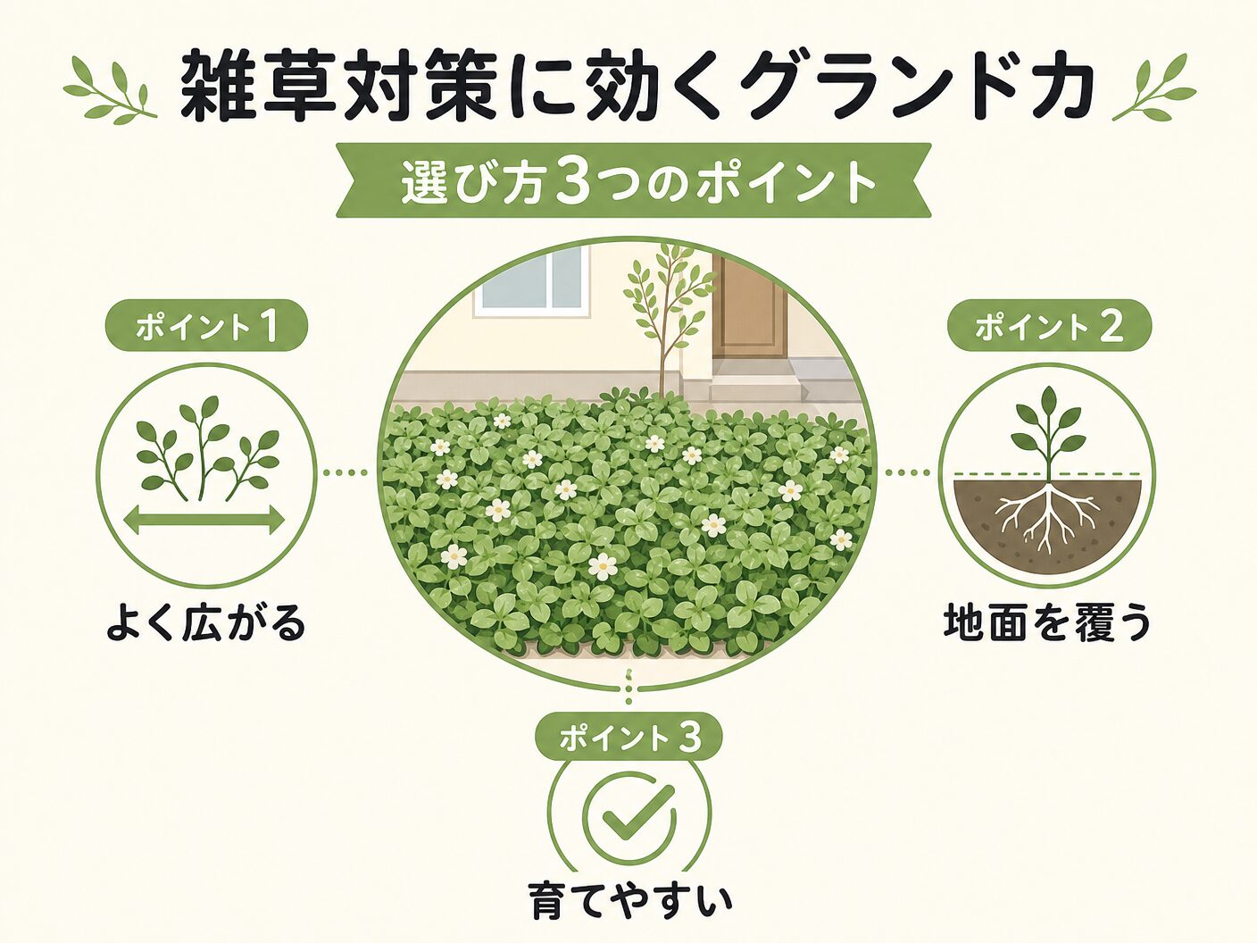 グランドカバーおすすめ雑草対策の雑草対策に効くグランドカバーの選び方3つのポイントを表す図解イラスト