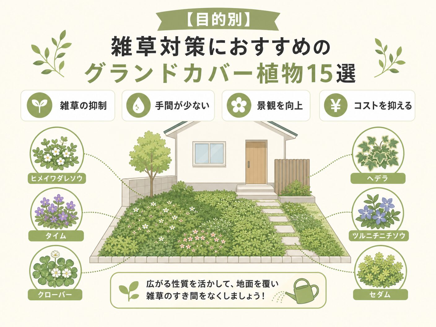 グランドカバーおすすめ雑草対策の【目的別】雑草対策におすすめのグランドカバー植物15選を表す図解イラスト
