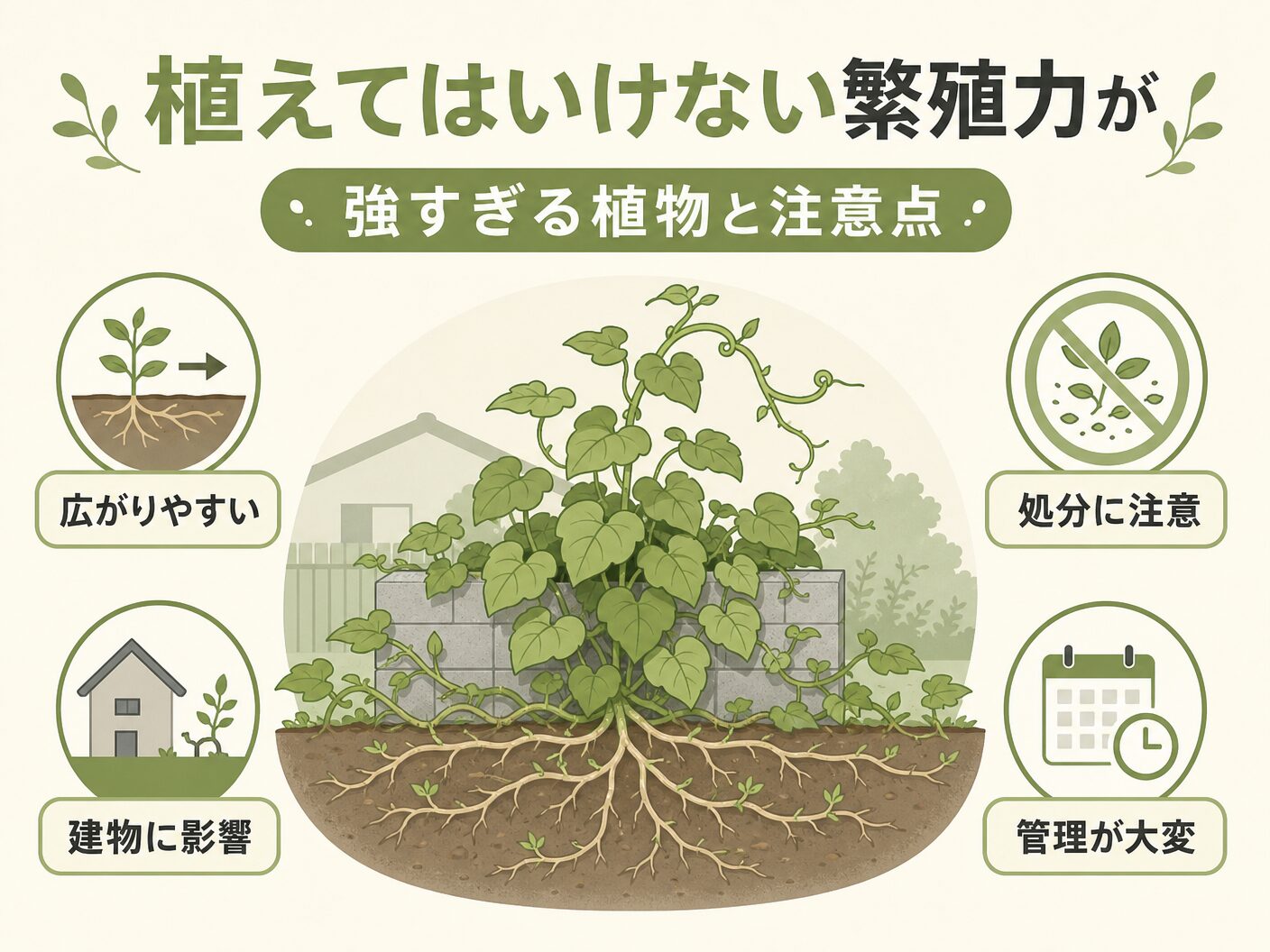 グランドカバーおすすめ雑草対策の植えてはいけない繁殖力が強すぎる植物と注意点を表す図解イラスト