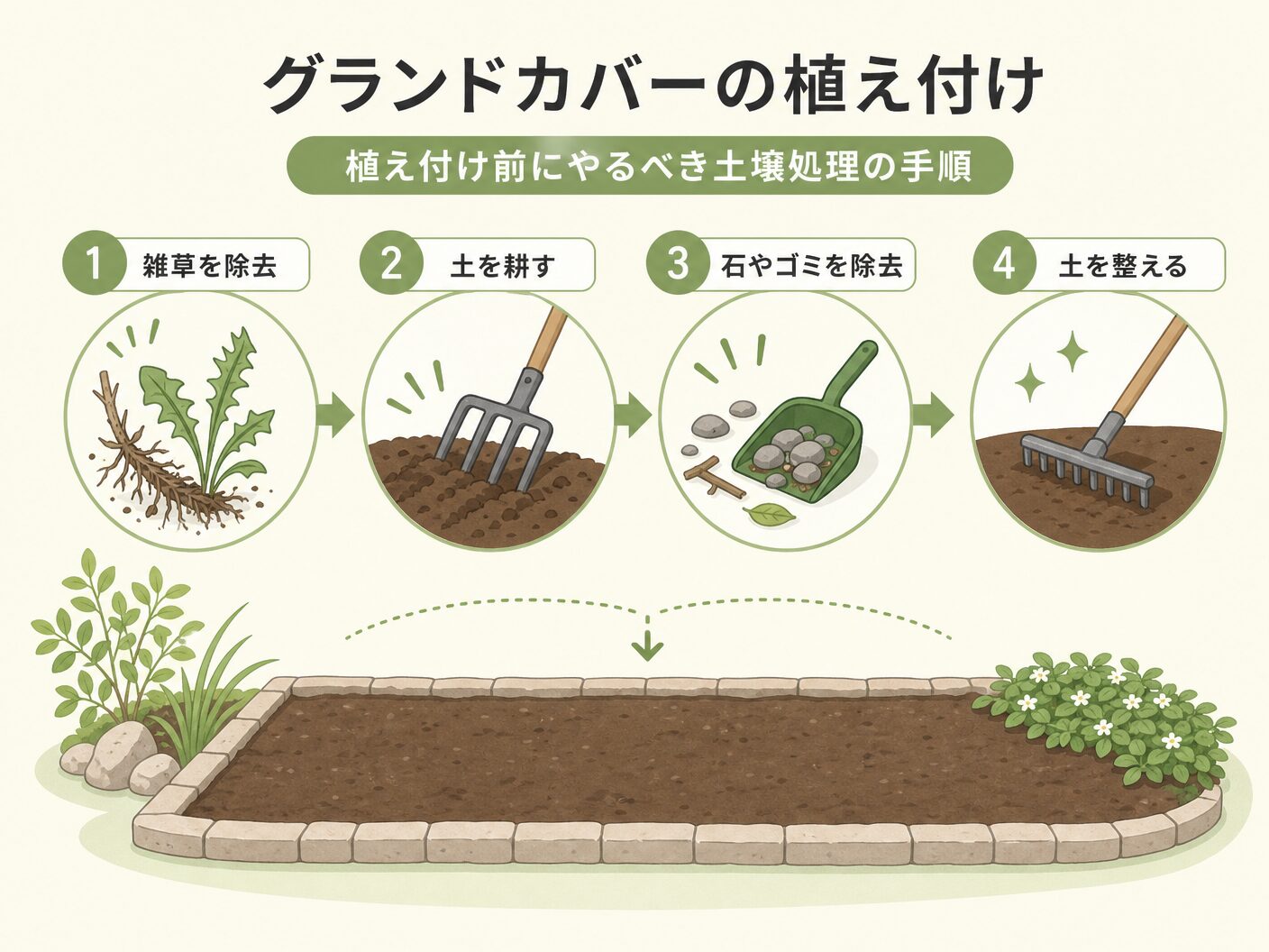 グランドカバーおすすめ雑草対策のグランドカバーの植え付け前にやるべき土壌処理の手順を表す図解イラスト