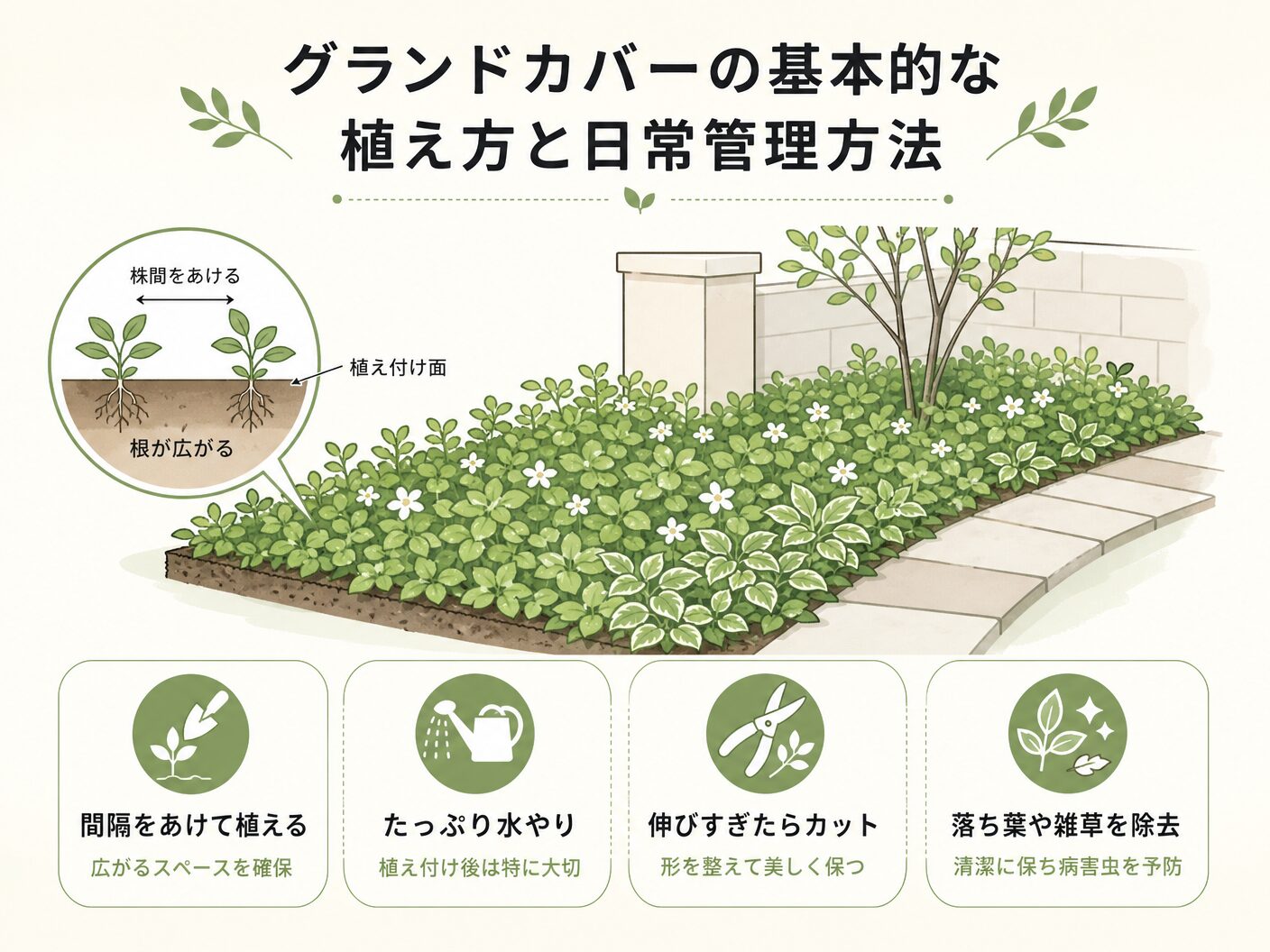 グランドカバーおすすめ雑草対策のグランドカバーの基本的な植え方と日常管理方法を表す図解イラスト