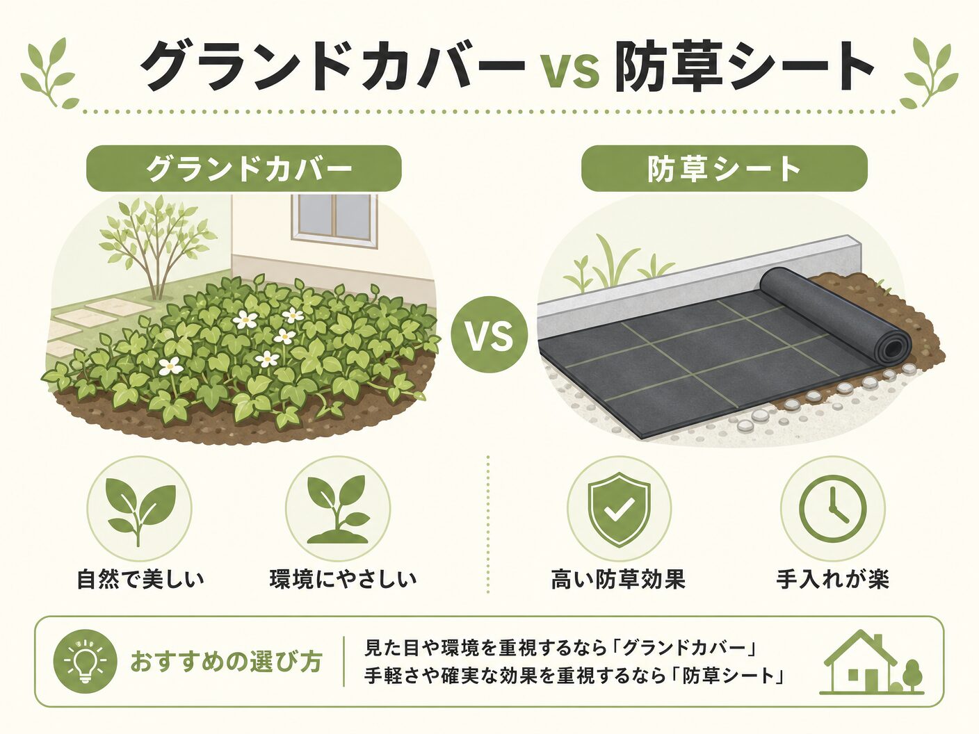 グランドカバーおすすめ雑草対策のグランドカバーvs防草シート:どちらが効果的かを表す図解イラスト