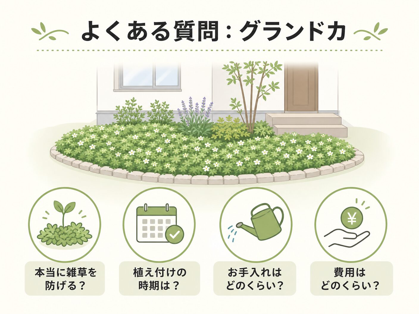 グランドカバーおすすめ雑草対策のよくある質問:グランドカバー雑草対策の疑問を解消を表す図解イラスト