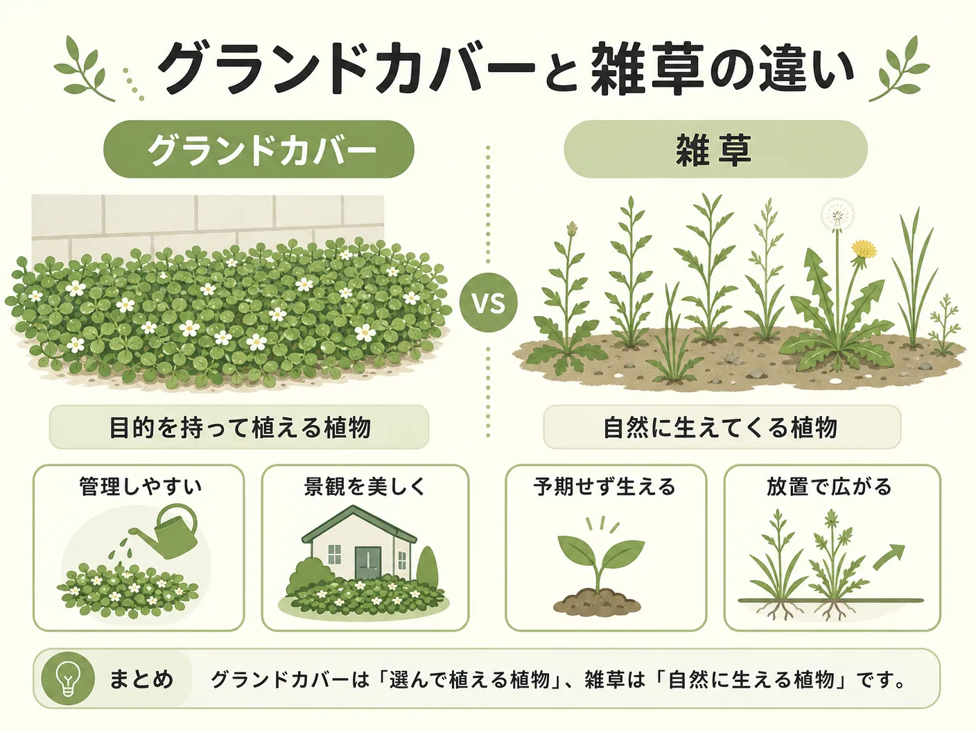 グランドカバーと雑草の違いとは？を表す図解イラスト
