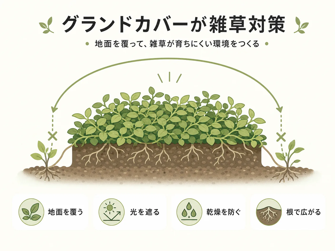 違いのグランドカバーが雑草対策になる仕組みを表す図解イラスト