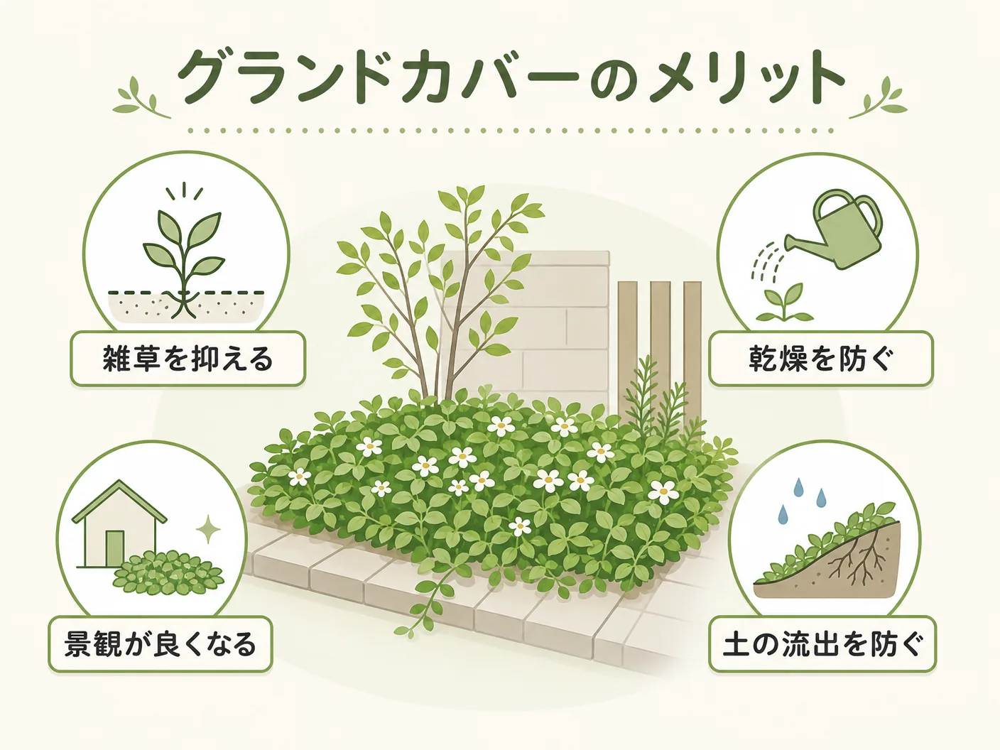雑草 違いのグランドカバーのメリット・デメリットを表す図解イラスト