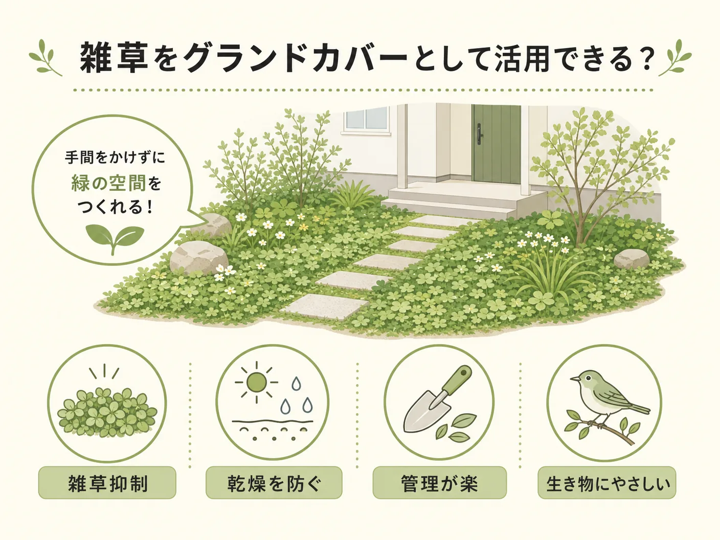 違いの雑草をグランドカバーとして活用できる？を表す図解イラスト