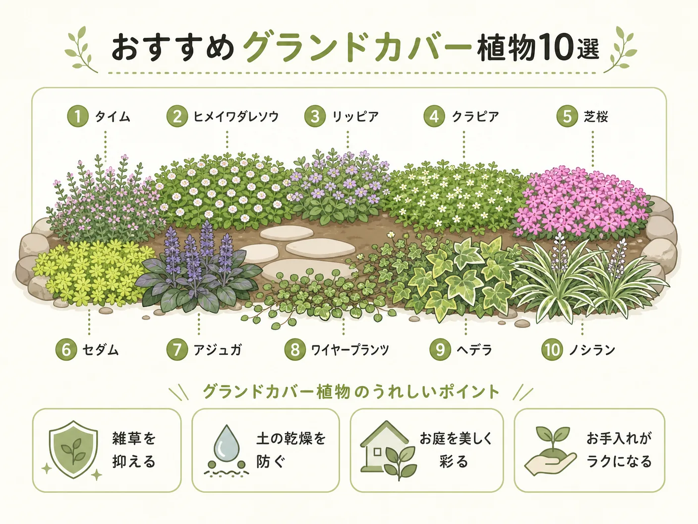 雑草 違いのおすすめグランドカバー植物10選を表す図解イラスト