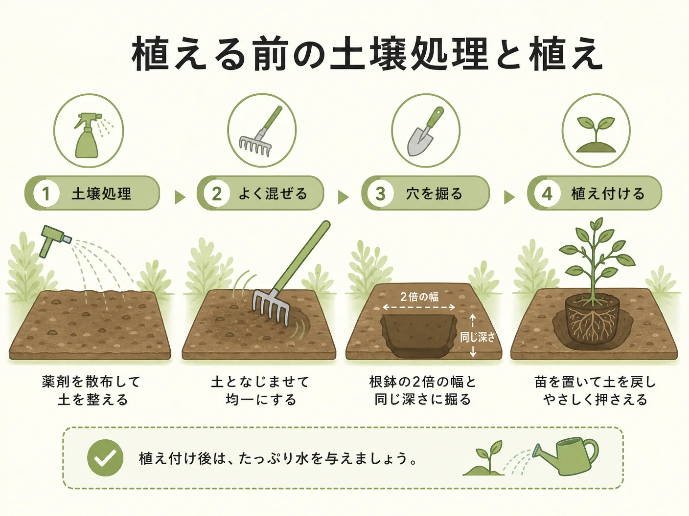 雑草 グランドカバー 違いの植える前の土壌処理と植え付け手順を表す図解イラスト